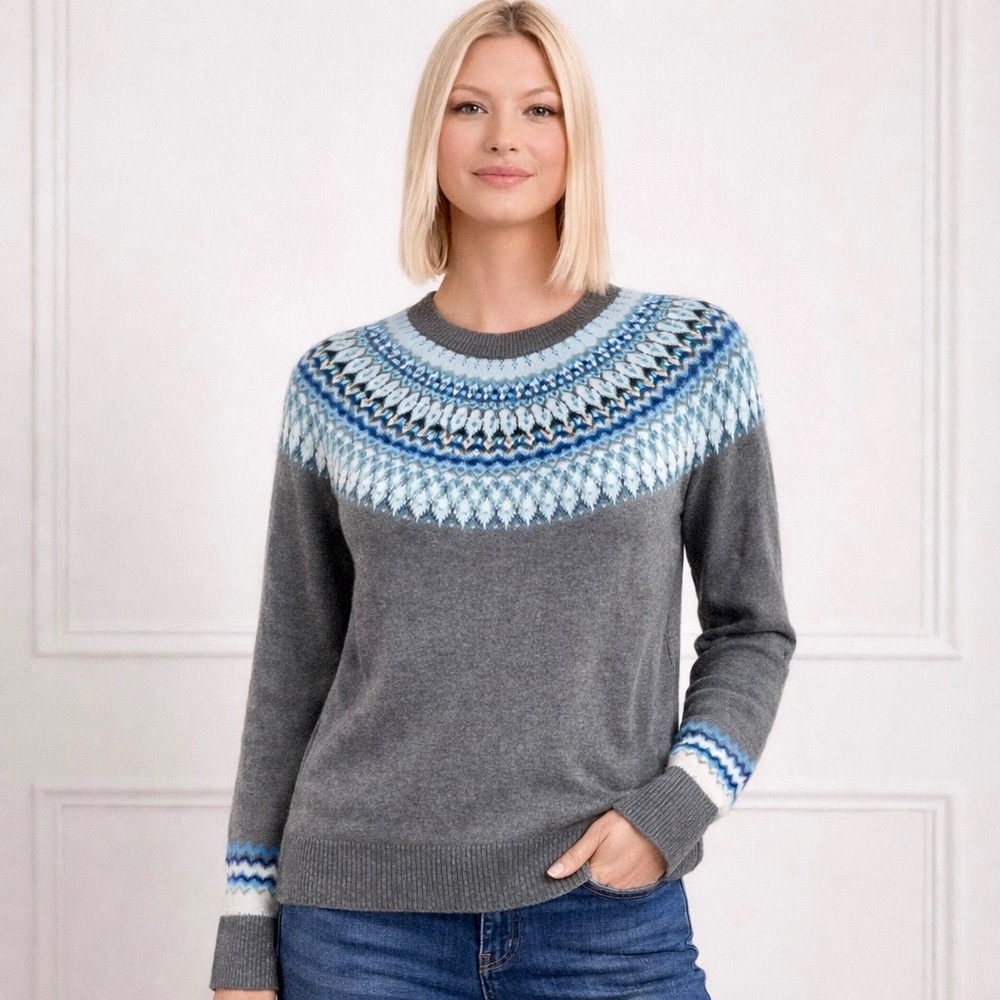 A New Day Medium‎ Fair Isle Knit Sweater Cotton Blend Gray Blue